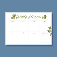 Printable weekly planner concept with green gooseberry plant illustration, vector