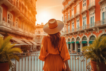 The beautiful tourist young woman taking pictures in the wonderful and cozy European cities .