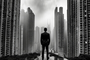 Black & White photo of a successful businessman standing on the top of a building while looking at the skyscraper cityscape.