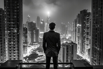 Black & White photo of a successful businessman standing on the top of a building while looking at the skyscraper cityscape.