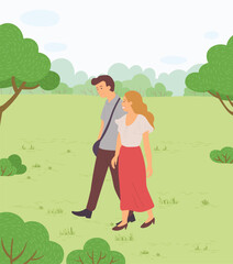 Couple walking in a park. Young guy and girl holding hands walking in summer garden, romantic walk. Lovers man and woman met on a date outdoor. Romantic promenade in the open air, active lifestyle