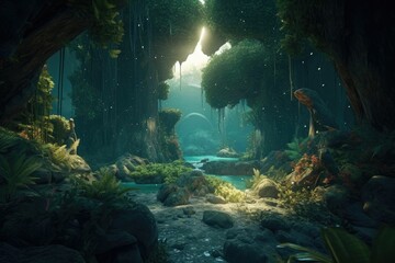 magical forest with tall trees. Generative AI