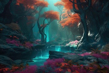 mystical forest with river. Generative AI