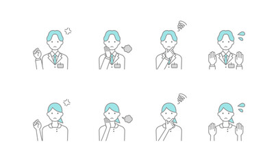 ネガティブな感情の医師と看護師のイラスト。シンプルな線画のアイコンセット。