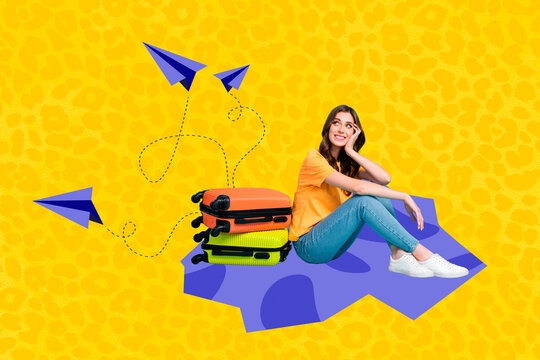 Collage picture of cheerful minded girl pile stack suitcase think dream flying paper planes isolated on painted yellow background