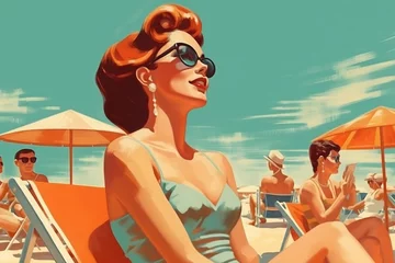 Schilderijen op glas Woman With Sunglasses in Beach and Vacation Scene From the 1950s/1960s in Teal and Orange Retro Style – Generative AI © Jonatan