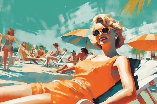 Happy Woman With Sunglasses in Beach and Vacation Scene From the 1950s/1960s in Teal and Orange Retro Style – Generative AI