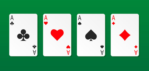 Poker playing cards. Aces set on casino green table. Vector illustration isolated.