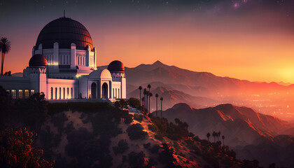 Obraz premium Historic famous Griffith Park Observatory at Sunset with Los Angeles city lights sparkling in background and Catalina Island in distance