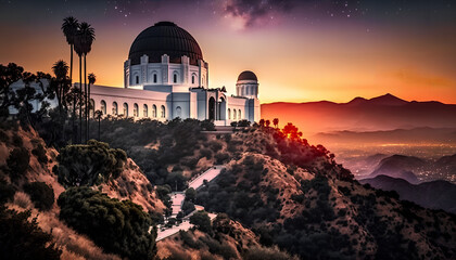 Obraz premium Historic famous Griffith Park Observatory at Sunset with Los Angeles city lights sparkling in background and Catalina Island in distance