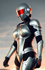 Future female soldier in cybernetic metal full body armor, superhero fantastic and futuristic background. Generative Ai.