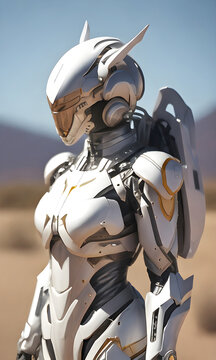 Future Female Soldier In Cybernetic Metal Full Body Armor, Superhero Fantastic And Futuristic Background. Generative Ai.