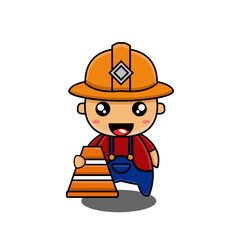 cute vector illustration of miner holding traffic cone