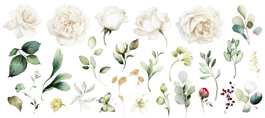 white watercolor arrangements with flowers, set, bundle, bouquets with wildflowers, leaves, branches. Botanical illustration - 601396332