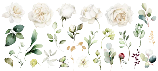 white watercolor arrangements with flowers, set, bundle, bouquets with wildflowers, leaves, branches. Botanical illustration © lisima