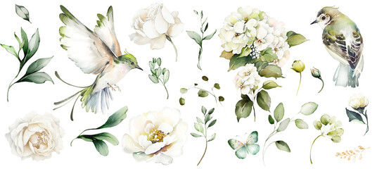 white watercolor arrangements with flowers, set, bundle, bouquets with wildflowers, leaves, branches. Botanical illustration - 601396373