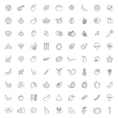 Vector hand drawn vegetables and fruit icons set. Sketch or doodle style collection farm product restaurant menu, market label.