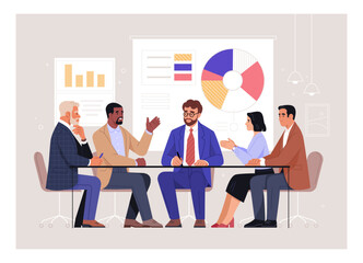 Business Meeting. Vector cartoon illustration in a flat style of a group of diverse people leading a discussion at a table near a whiteboard with charts and graphs. Isolated on background - obrazy, fototapety, plakaty