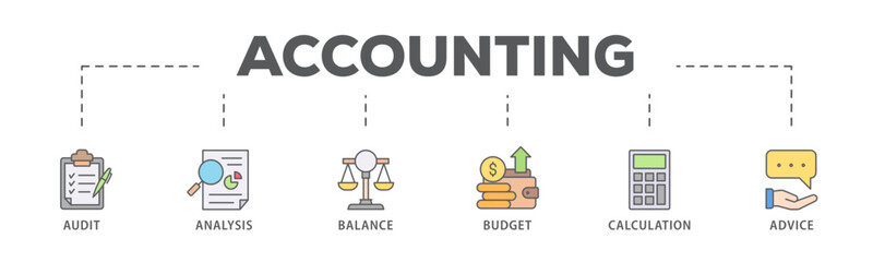 Accounting banner web icon vector illustration concept for business and finance with an icon of the audit, analysis, balance, budget, calculation, and advice
