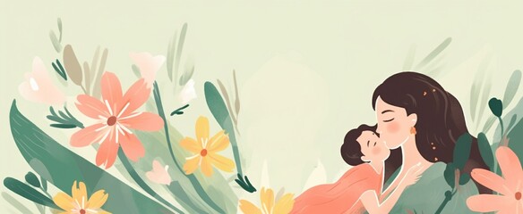 Obraz na płótnie Canvas Mother and Child, Spring Watercolor Flowers, Design Illustration for Wallpaper, Generative AI