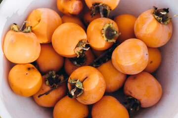 Plate with harvested autumn harvest. Persimmon, which was collected in late autumn on a sunny day 