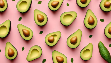 A pink background with avocados on it
