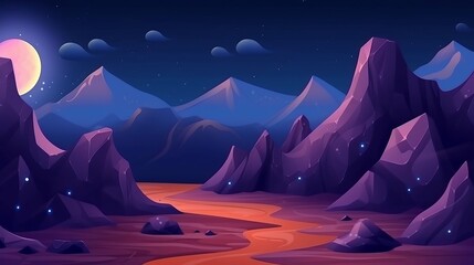 Cosmic background, alien planet deserted landscape with mountains, rocks, deep cleft and stars shine in space. Extraterrestrial computer game backdrop, parallax effect cartoon generative ai