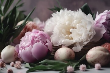pink holiday flower floral egg spring background view peony blossom easter. Generative AI.