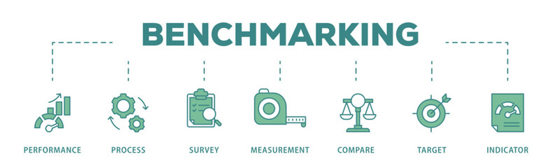 Benchmarking banner web icon vector illustration concept for the idea of business development and improvement with an icon of performance, process, survey, measurement, compare, target, and indicator 