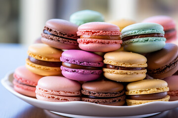 Obraz premium Colorful Macarons on a White Platter, Mid angle Shot, created with Generative AI