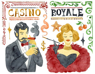 Casino party. Design elements set. Retro watercolor illustration - 601398581