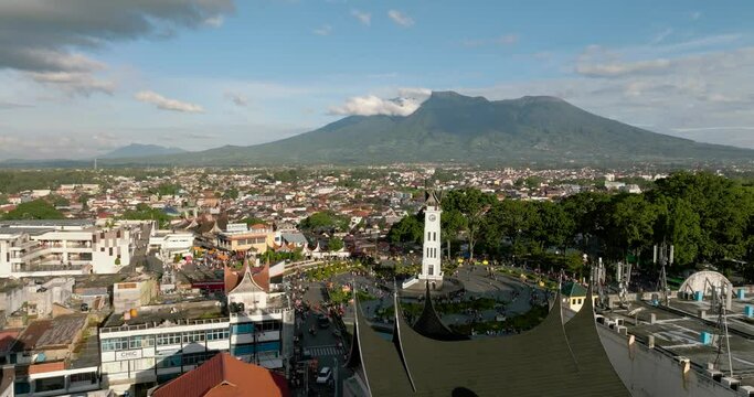 Aerial view of downtown Bukitingi city and clock tower Jam Gadang. Sumatra. Indonesia.