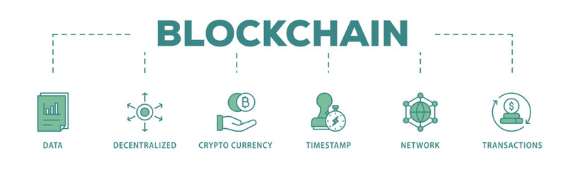 Blockchain banner web icon vector illustration concept with icon of data, decentralized, crypto currency, timestamp, network and transactions

