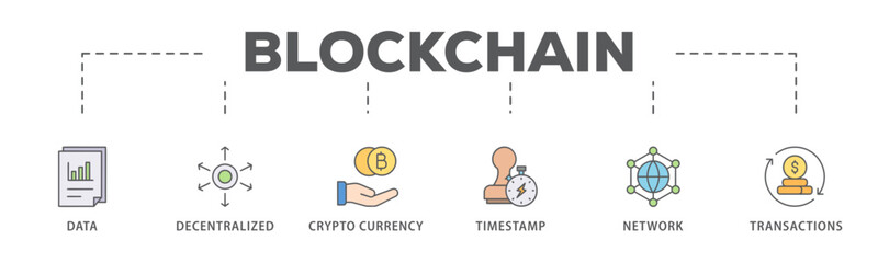 Blockchain banner web icon vector illustration concept with icon of data, decentralized, crypto currency, timestamp, network and transactions
