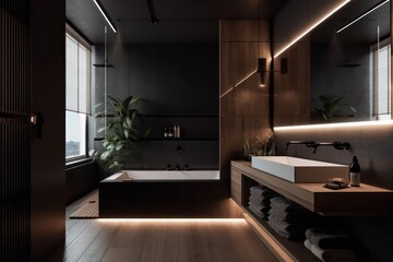 Fototapeta na wymiar Bathroom with Freestanding Bathtub, Luxury Accents, and Sophisticated LED Illumination..