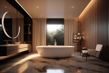 Fototapeta na wymiar Designer Bathroom with Freestanding Bathtub, Luxury marble furniture LED and natural light