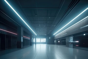 Fototapeta premium Futuristic Neon-Lit Big Hall with Reflective Floors - Generative AI Illustration