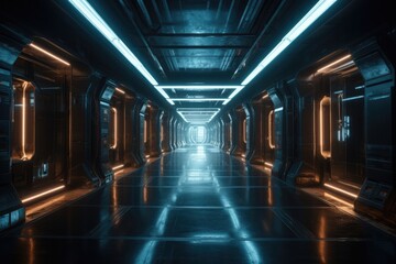 Futuristic Neon-Lit Big Hall with Reflective Floors - Generative AI Illustration