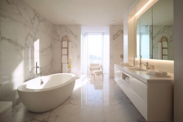 Fototapeta na wymiar Upscale Designer Bathroom with Freestanding Tub, LED Lighting Accents, and Luxurious Atmosphere.....
