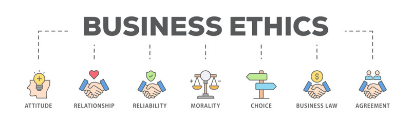 Business ethics banner web icon vector illustration concept with icon of attitude, relationship, reliability, morality, choice, business law and agreement
