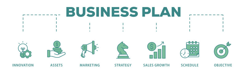 Business plan  banner web icon vector illustration concept with icon of innovation, assets, marketing, strategy, sales growth, schedule, and objective
