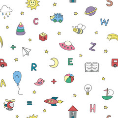 Children's doodle colored set of different hand-drawn icons. Kindergarten. Vector seamless pattern with colored childish doodle elements for backgrounds, web design, design elements, textile prints