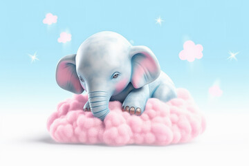 Lindo elefante entre nubes de algodon rosa y cielo azul durmiendo. Ilustracion de IA generativa