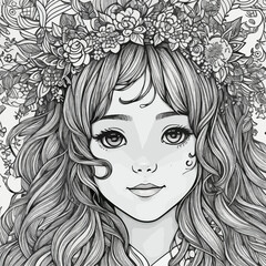 girl in a wreath portrait black and white illustration