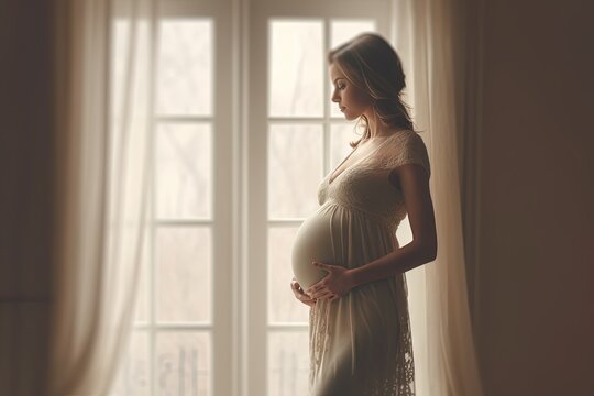 pregnant young woman in dress posing on a bright window background, art style