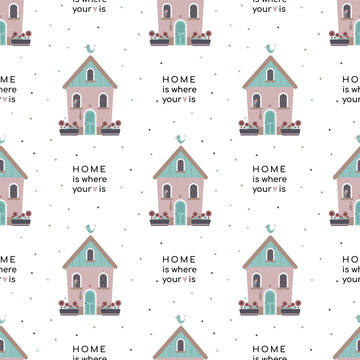 Cute house with bird and flowers in pots. Sweet or welcome home concept. Seamless vector pattern.