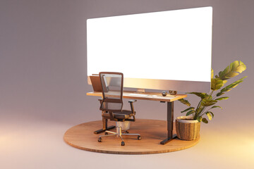 single isolated computer workspace on wooden podium with giant widescreen monitor; freelance and home office concept; 3D Illustration