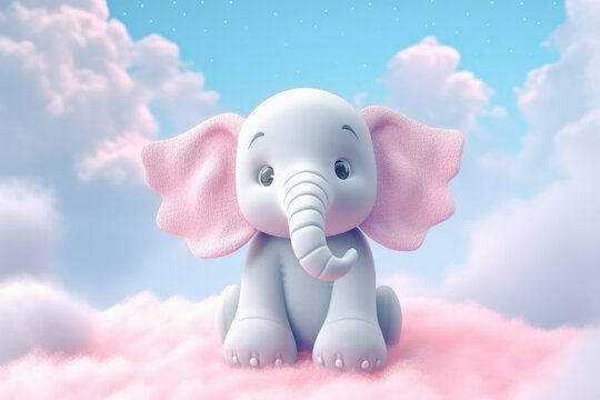 Lindo elefante entre nubes de algodon rosa y cielo azul durmiendo. Ilustracion de IA generativa