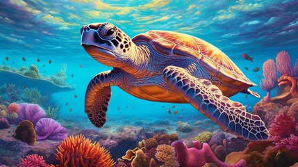 Turtle swimming in a coral reef, under the sea, generative AI 