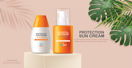 Sun cream bottle 3d realistic isolated, sea background, tropical banner, packaging mockup, protection sun cream, spf 50 summer cosmetics vector